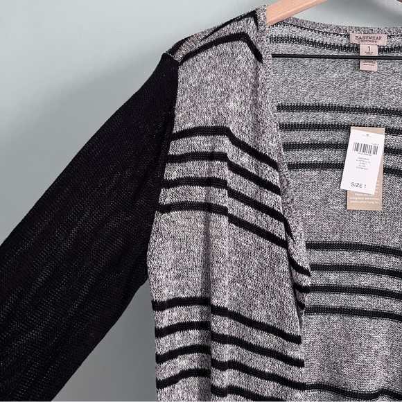 Chico’s Easywear Alastrina Striped Gray Black Open Front Light Knit Cardigan - Picture 5 of 13